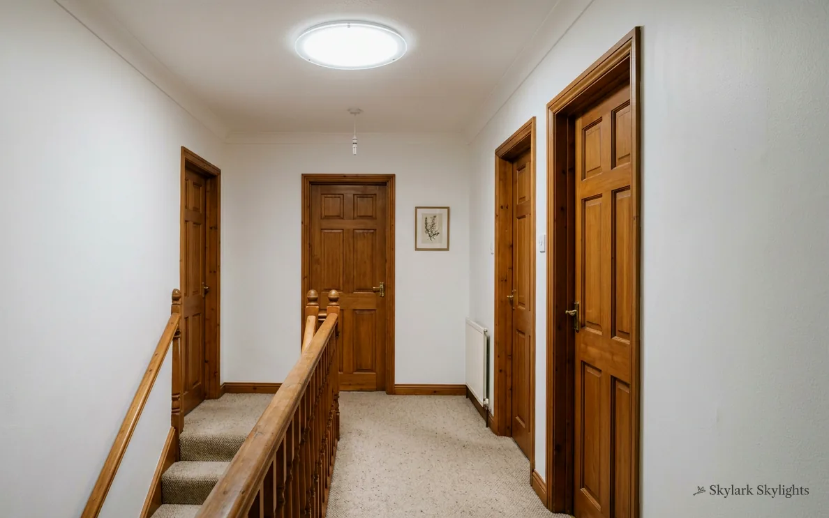 Upstairs landing with oak doors and a sun tunnel above