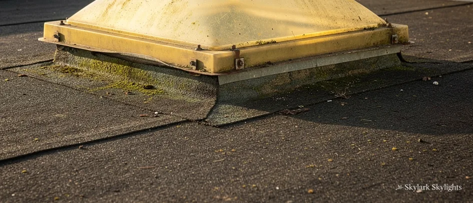 Yellowed polycarbonate dome rooflight on a flat felt roof