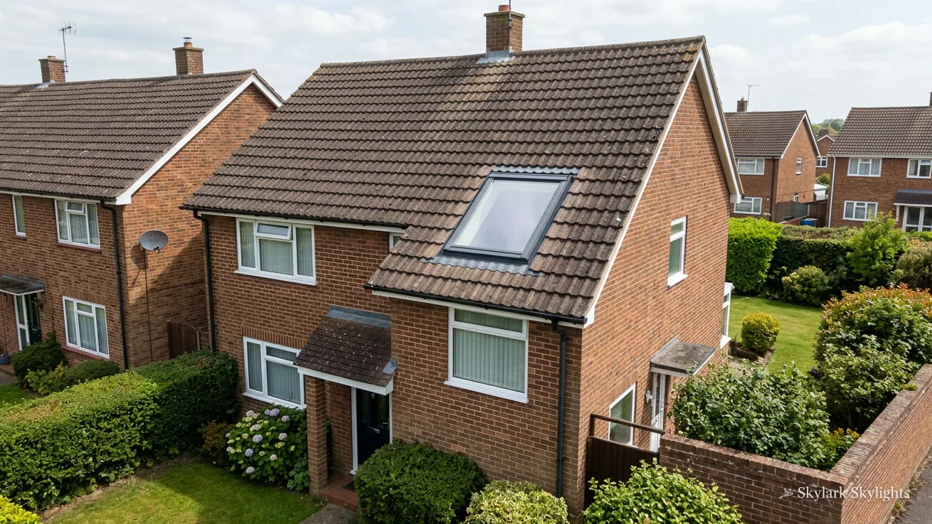 Brick semi with roof windows, seen across neighbouring gardens