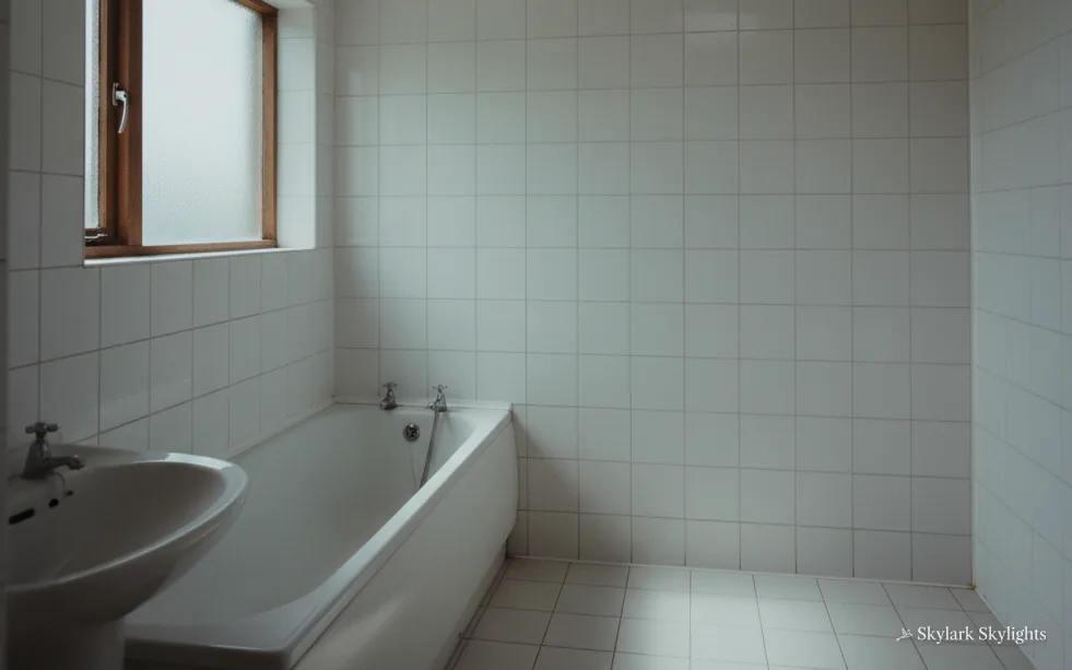 White-tiled bathroom with a bath and a small window