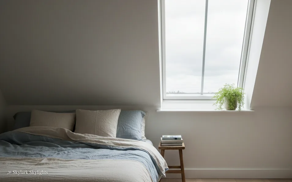 Bed below a sloping ceiling and a small window