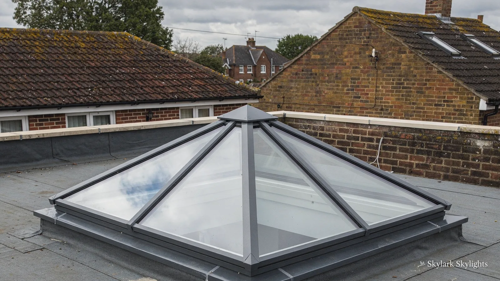 Roof lantern set into a flat roof, with brick houses and a tiled roof behind
