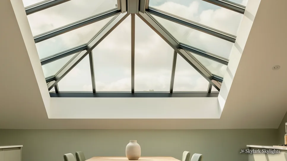 Looking up into a roof lantern above a dining table in a pale room
