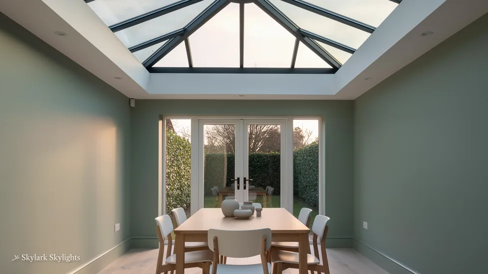 Green-walled dining room with a roof lantern above the table and French doors beyond