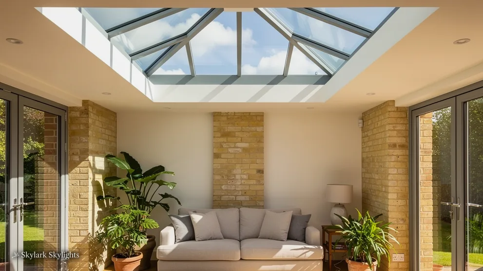 Sitting room with a sofa and plants under a pyramid roof lantern