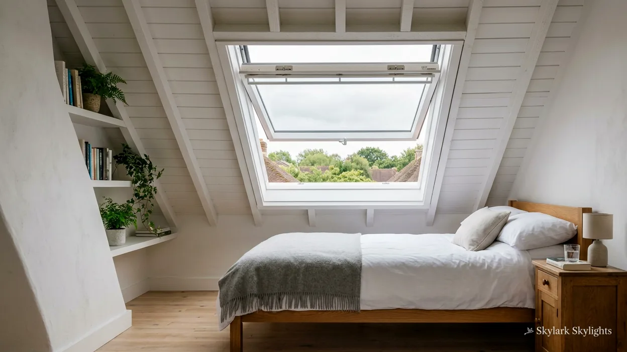 Loft bedroom with a large roof window over the bed and shelves beside it