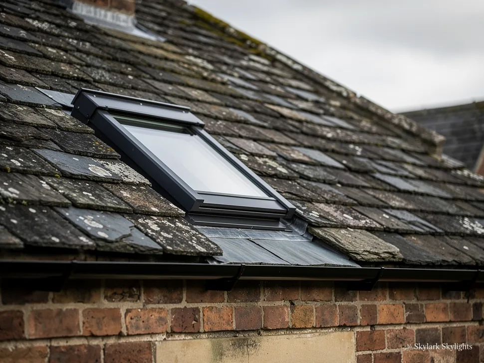 Roof window fitted in a weathered slate roof above a brick wall