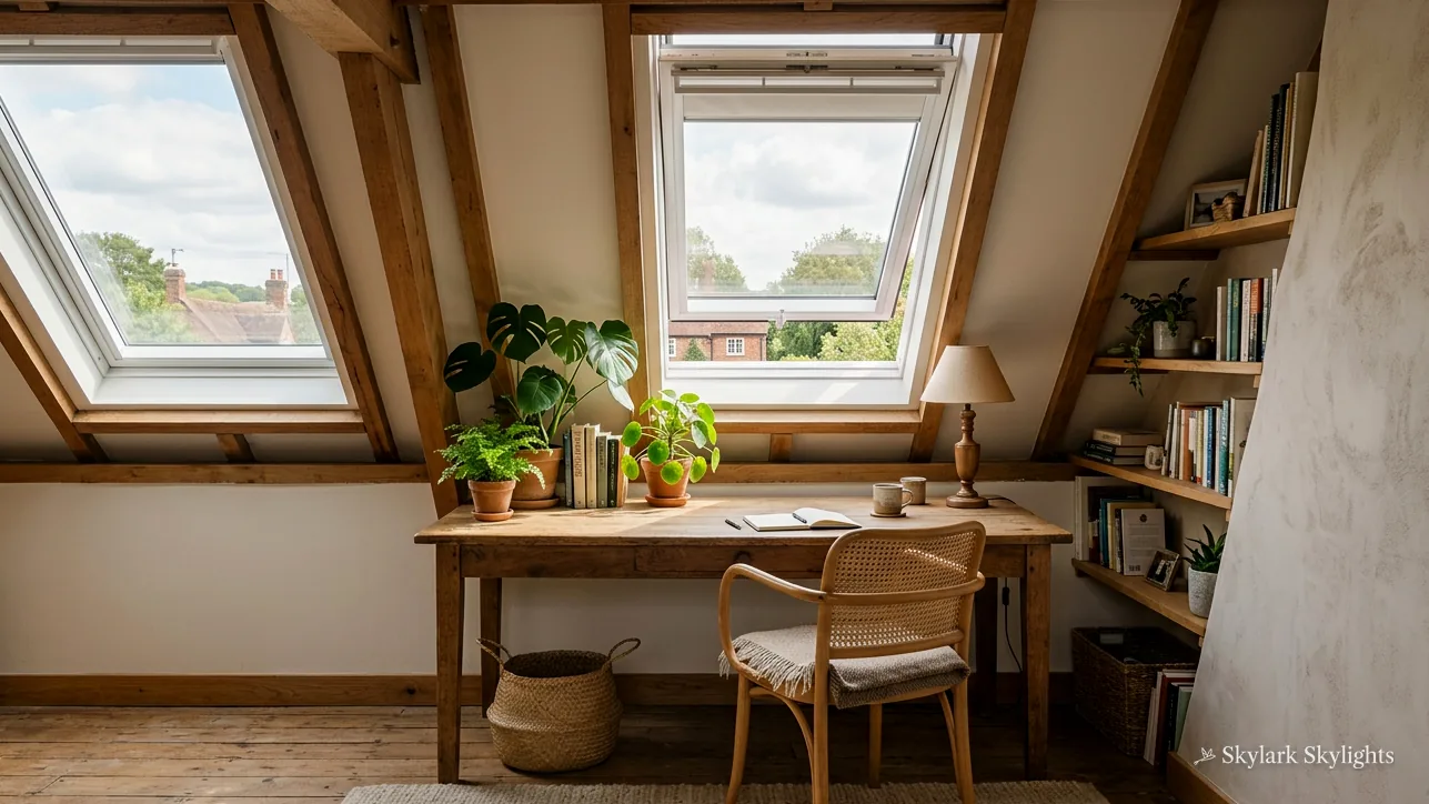 Desk with books and plants under a roof window in a beamed loft room