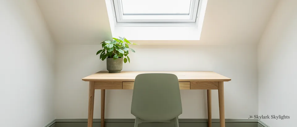 Small desk and chair beneath a flat rooflight in a white room