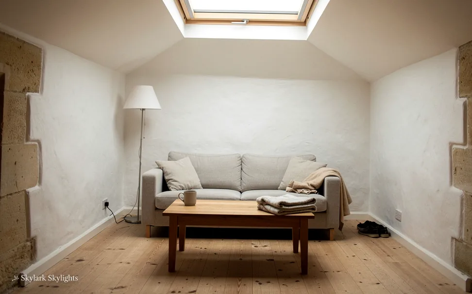 Small sitting room with a sofa beneath a sloped ceiling