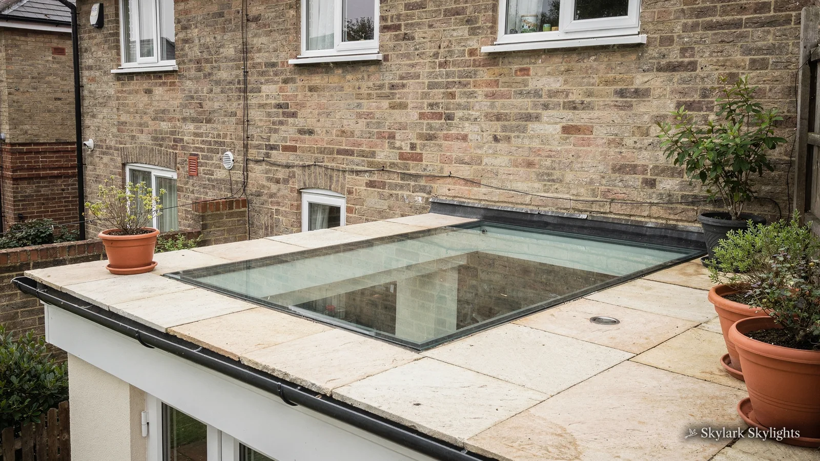 Walk-on rooflight in a terrace beside a brick wall and pots