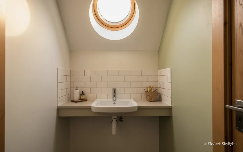 Small basin and tiled splashback under a round sun tunnel
