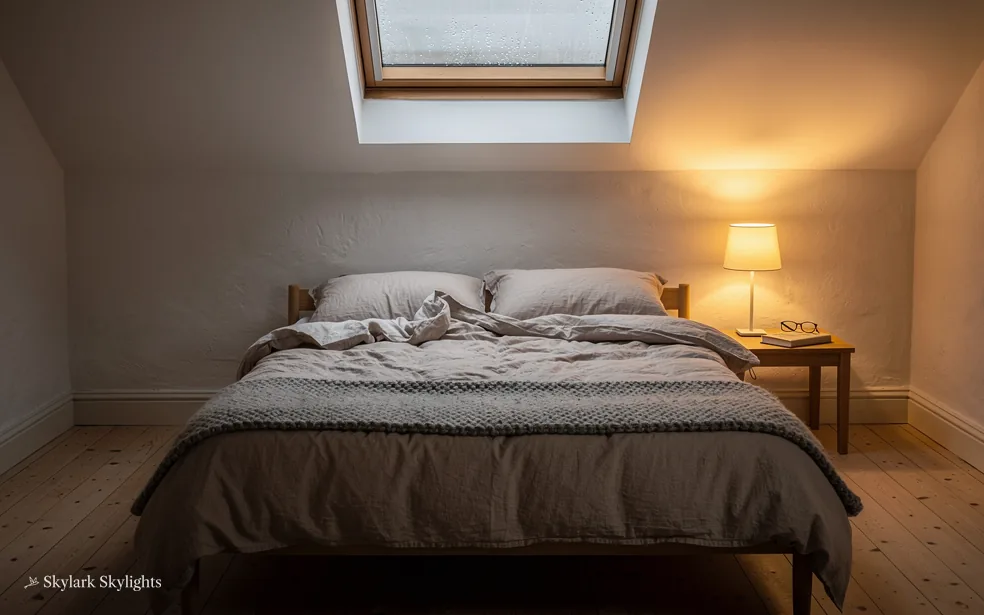 Bedroom lit by a bedside lamp under a roof window