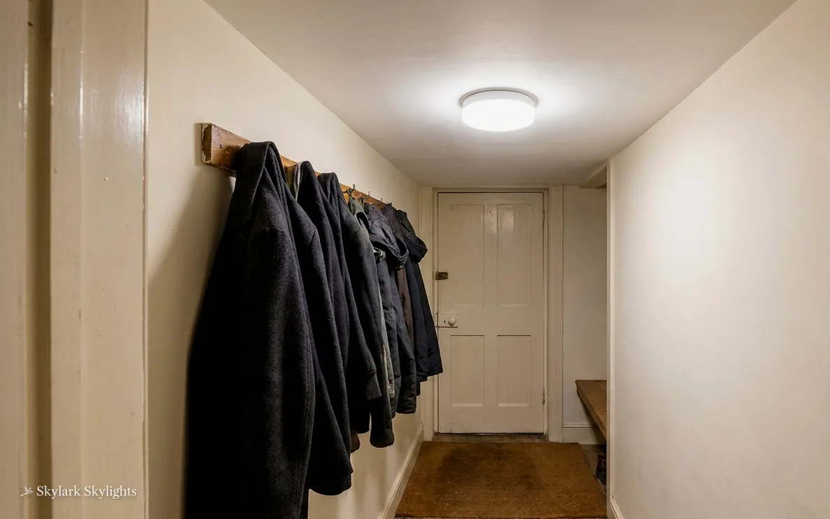 Coats on pegs in a narrow hallway by the door
