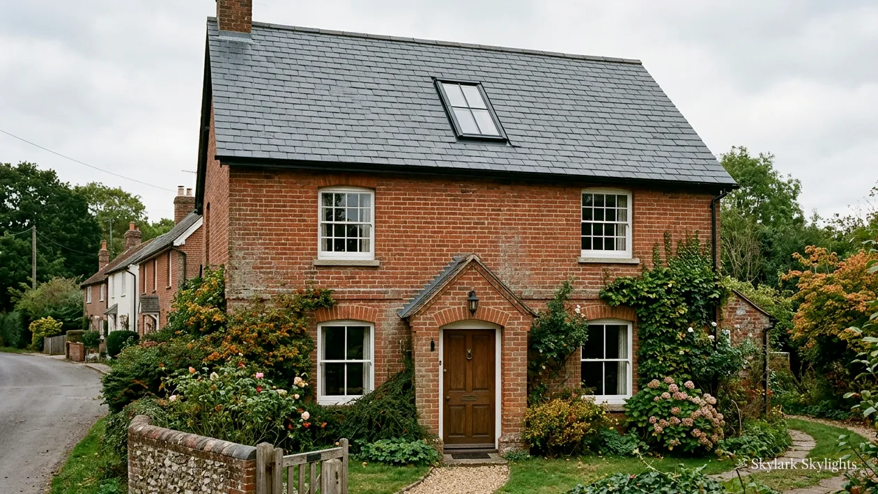 Red-brick cottage with a roof window and climbing plants