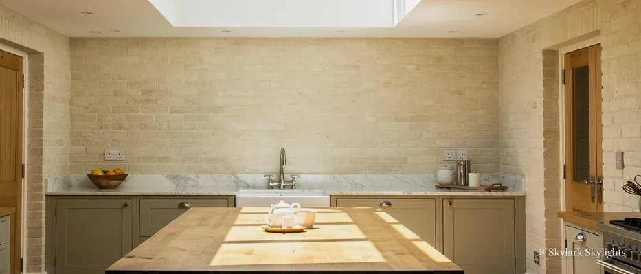 Kitchen with a long island under a roof lantern, light falling on the worktop