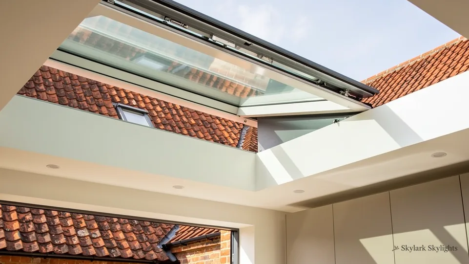 Opening rooflight seen from inside, with red tiled roofs through the glass