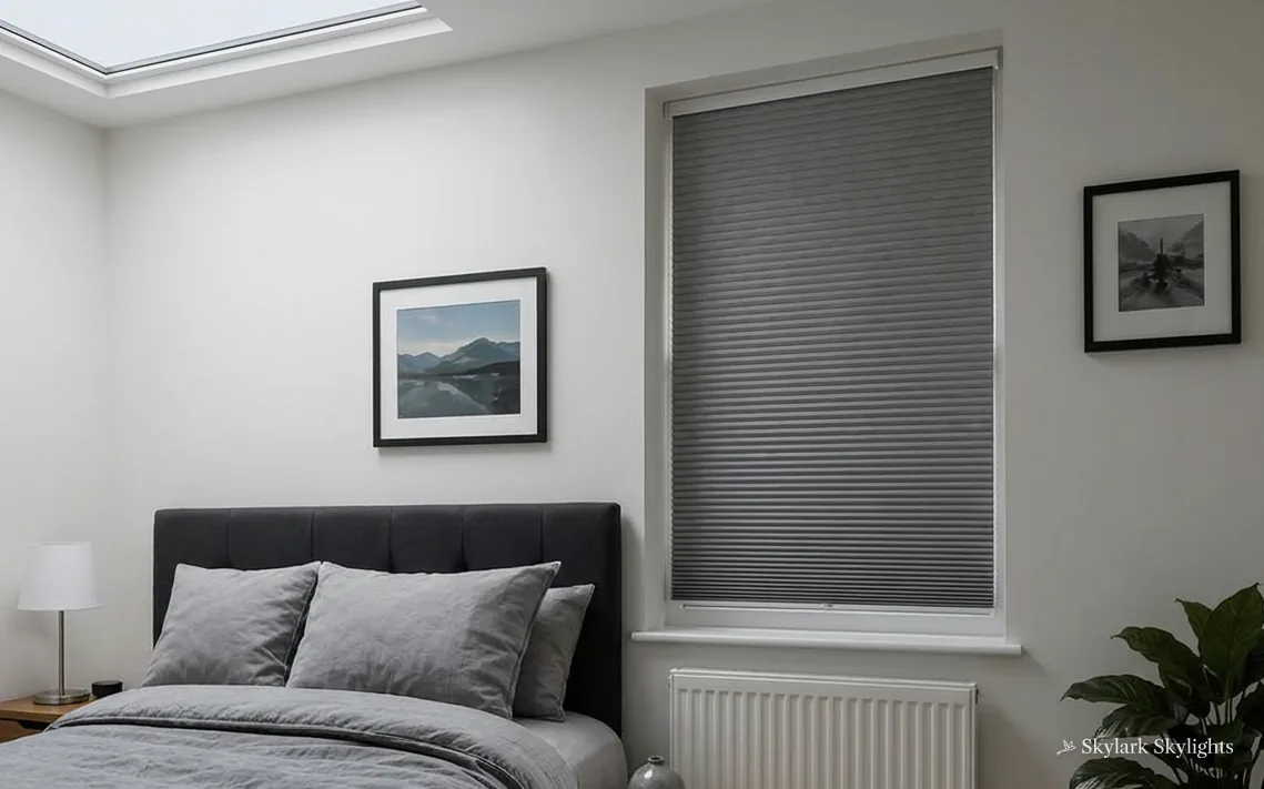 Bedroom with framed prints and a blind over the window