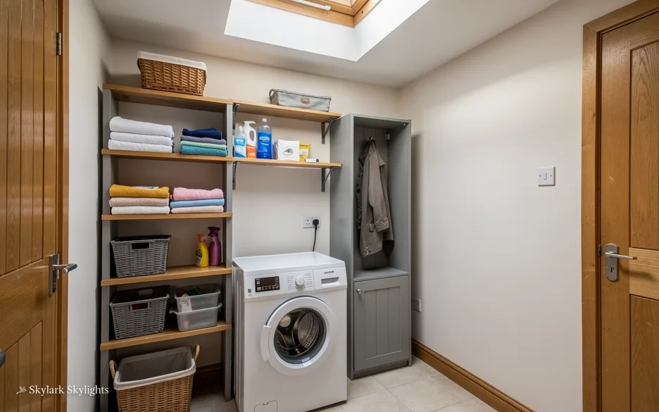 Utility cupboard with shelves, a washing machine and folded towels