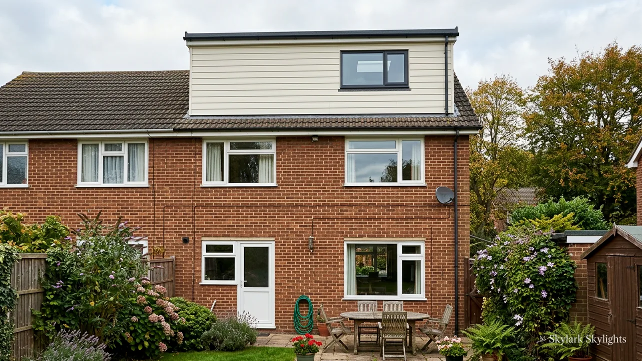Rear of a brick semi with a dormer and a roof window