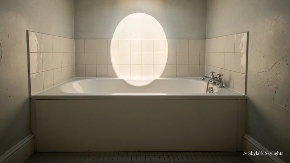 Bathroom with a bath beneath a round sun tunnel diffuser