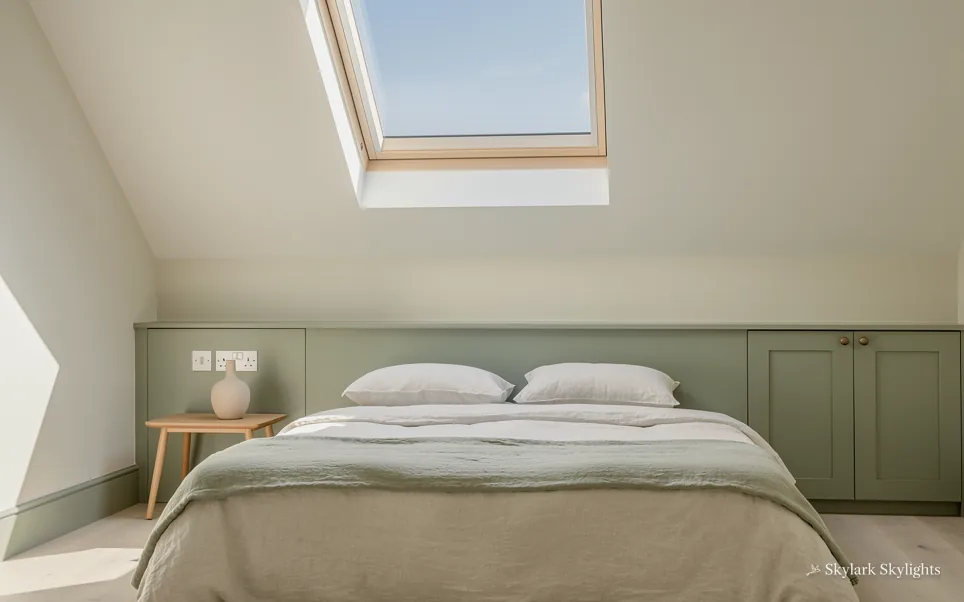 Bedroom with sage panelling under a roof window