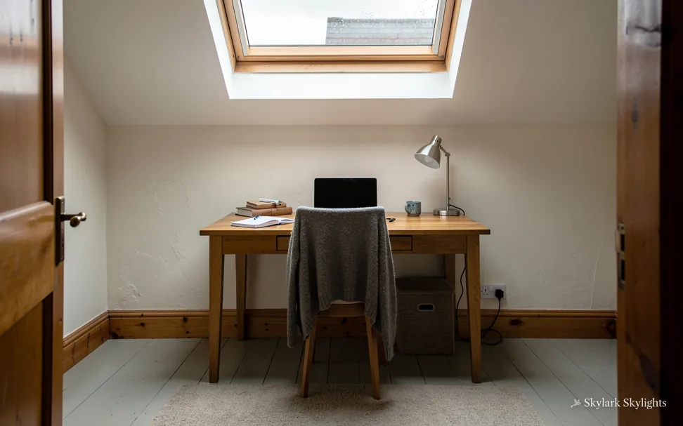 Desk and chair against the wall of a small dim room