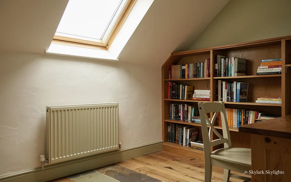 Loft room with bookshelves and a chair under a roof window