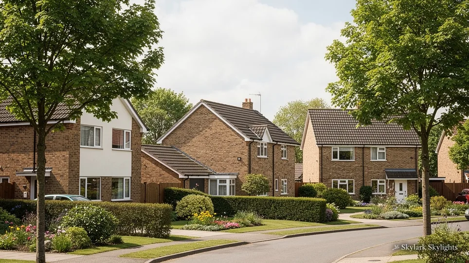 Cul-de-sac of brick houses with trees and lawns