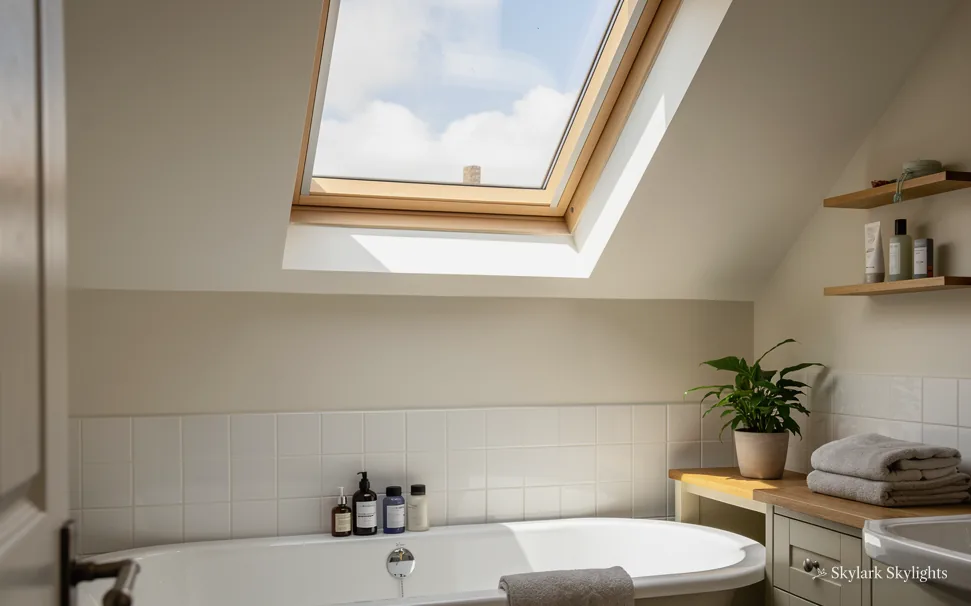 Small bathroom under a roof window with a bath below