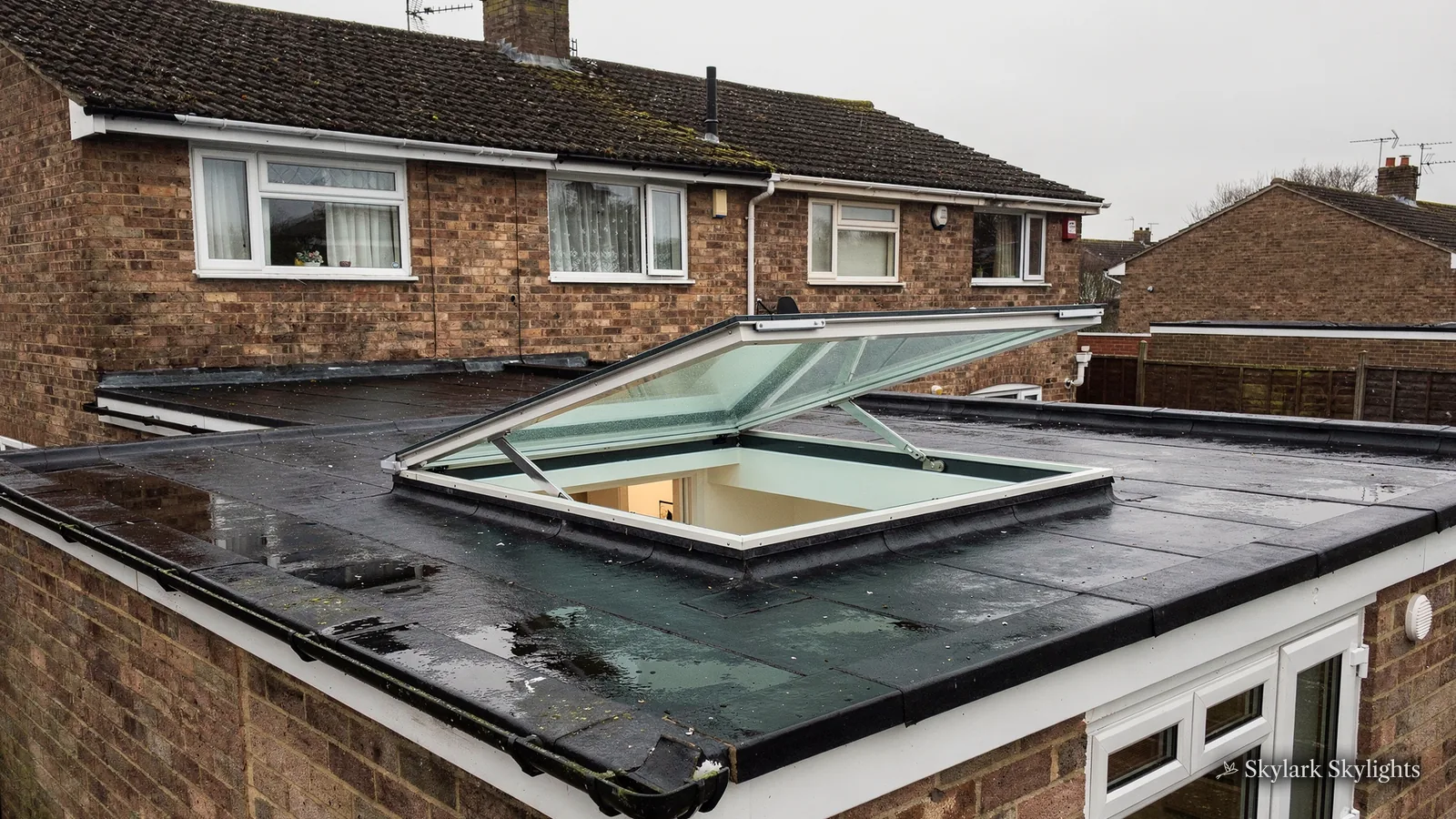 Roof lantern on a flat-roofed extension between brick semis