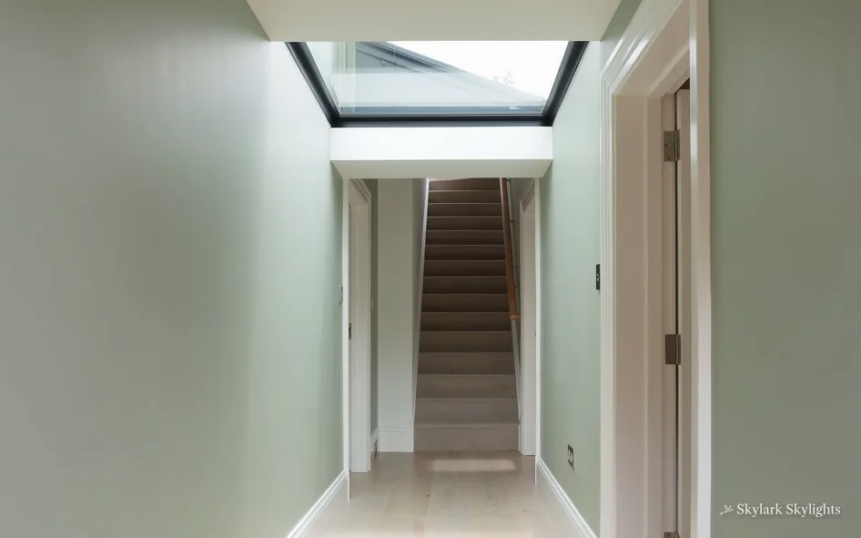 Hallway lit from a rooflight with stairs at the far end