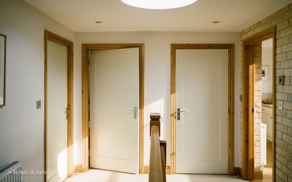 Small landing with two oak doors and a banister