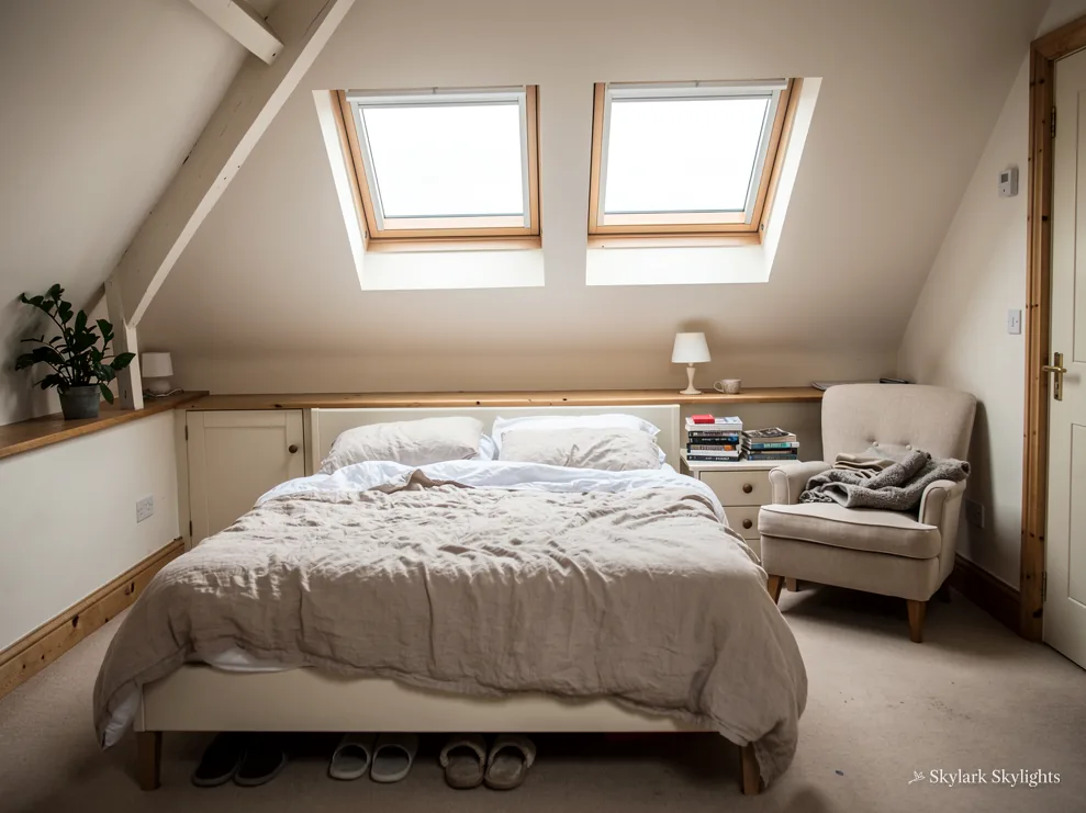 Loft bedroom with a roof window above a bed and an armchair in the corner