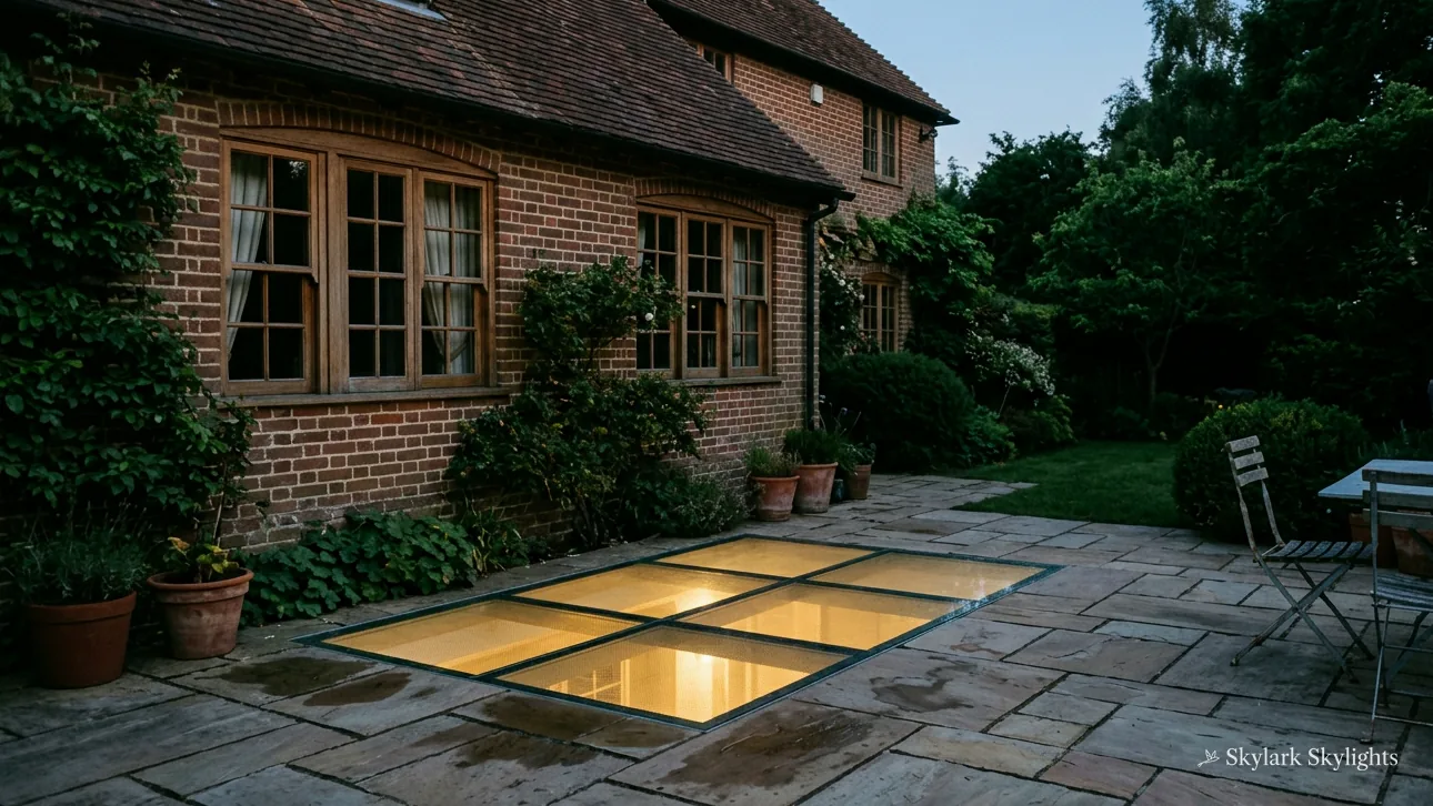 Glass floor panels lit from below in a garden patio beside a brick house