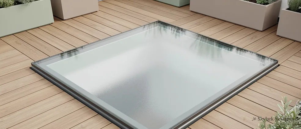Walk-on rooflight in composite decking edged with planters