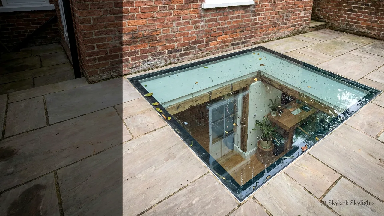 Square walk-on rooflight in a stone terrace beside a brick wall