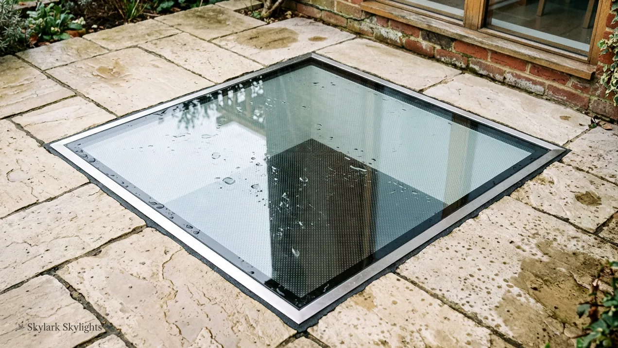 Walk-on glass set flush into sandstone paving with a room visible below