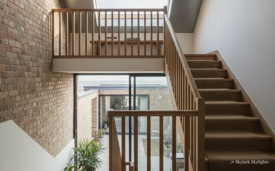 Open-tread staircase beside a brick wall