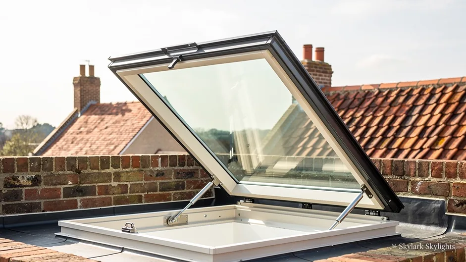 Hinged rooflight standing open on a brick kerb, chimneys behind