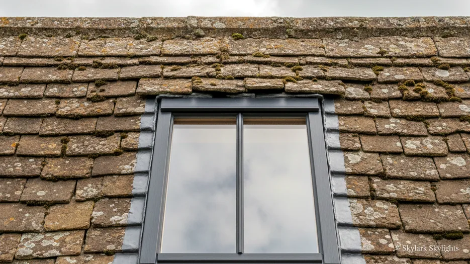 Conservation-style rooflight with a vertical bar set into an old tiled roof