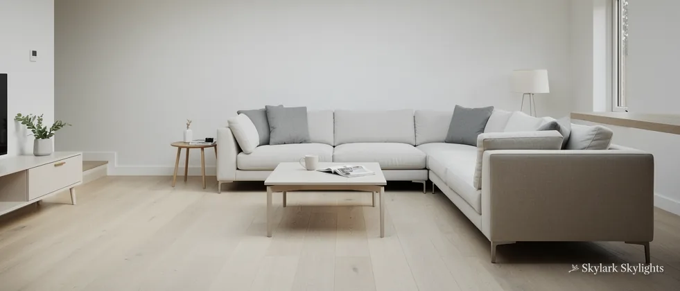 Pale sitting room with a corner sofa and a rooflight overhead