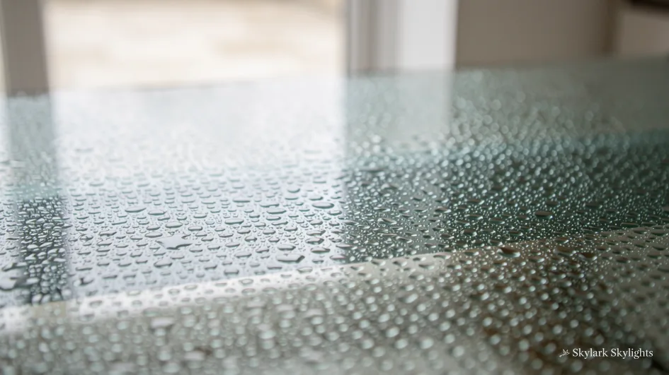 Close view of fine droplets clouding a glass pane