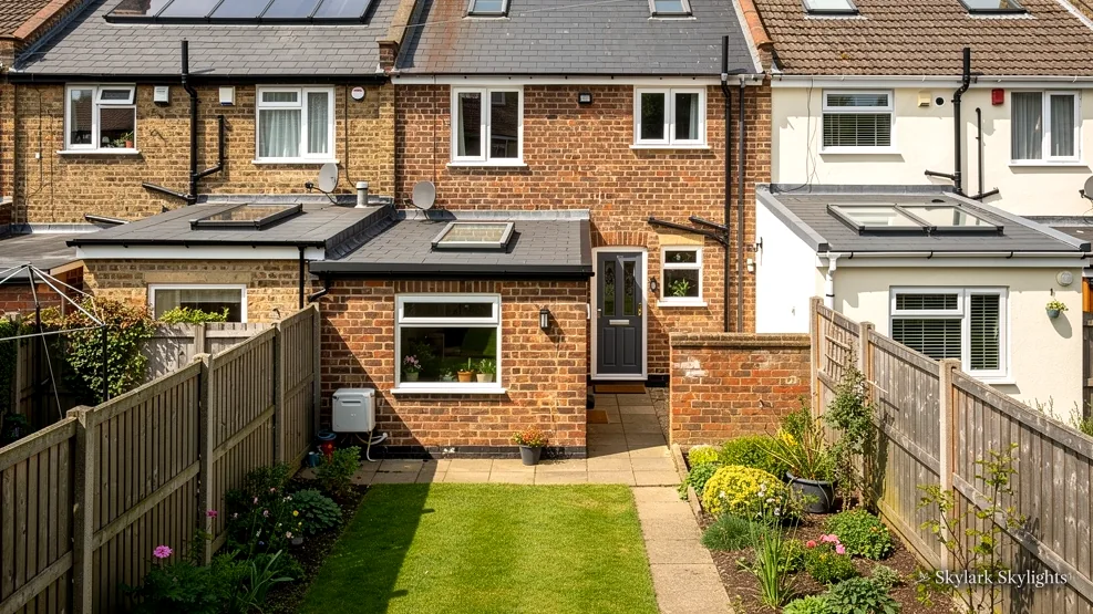 Rear gardens of brick semis with a single-storey extension