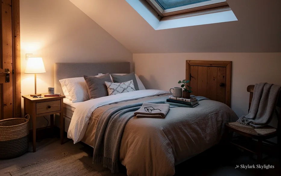 Bedroom lit by bedside lamps under a sloping ceiling