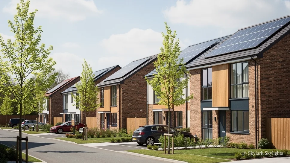Street of new brick and timber-clad houses with young trees