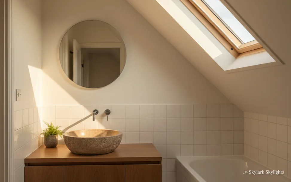 Small bathroom with a round mirror and basin under a roof window