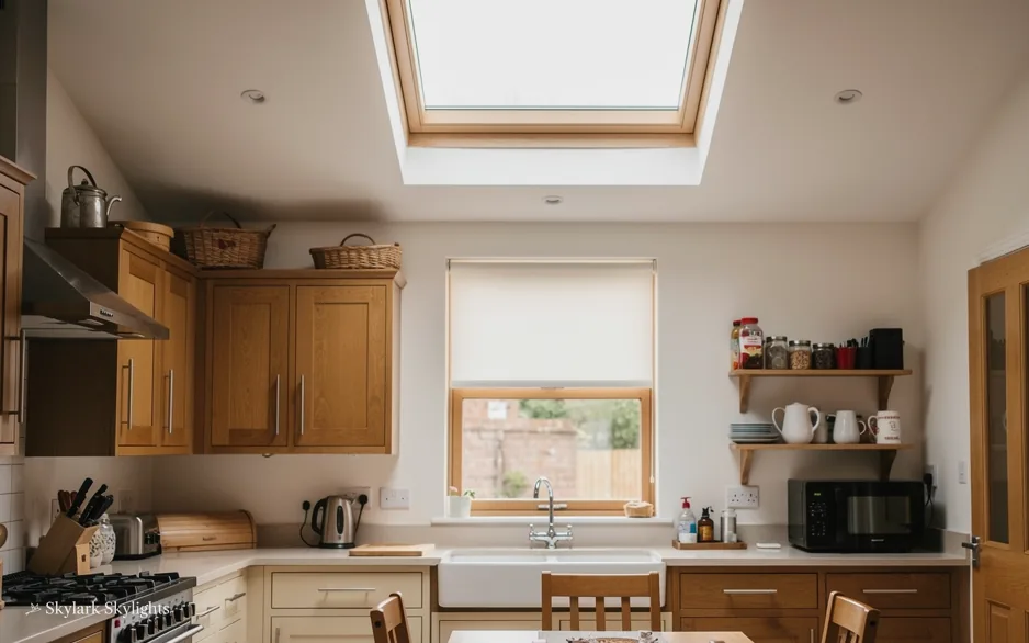 Cottage kitchen with wooden units and a small window