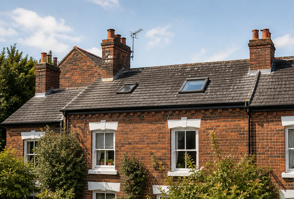 Red-brick terraced houses with two roof windows in a slate roof under a blue sky