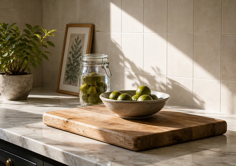 Daylight across a marble worktop with a chopping board and a bowl of limes